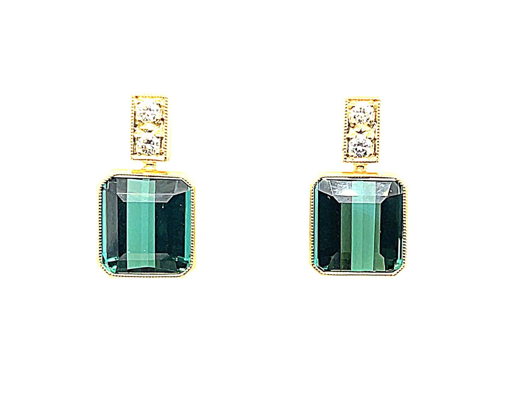 16.22 Carat Emerald Cut Green Tourmaline Diamond Pave Dangle Post Earrings  In New Condition In Los Angeles, CA