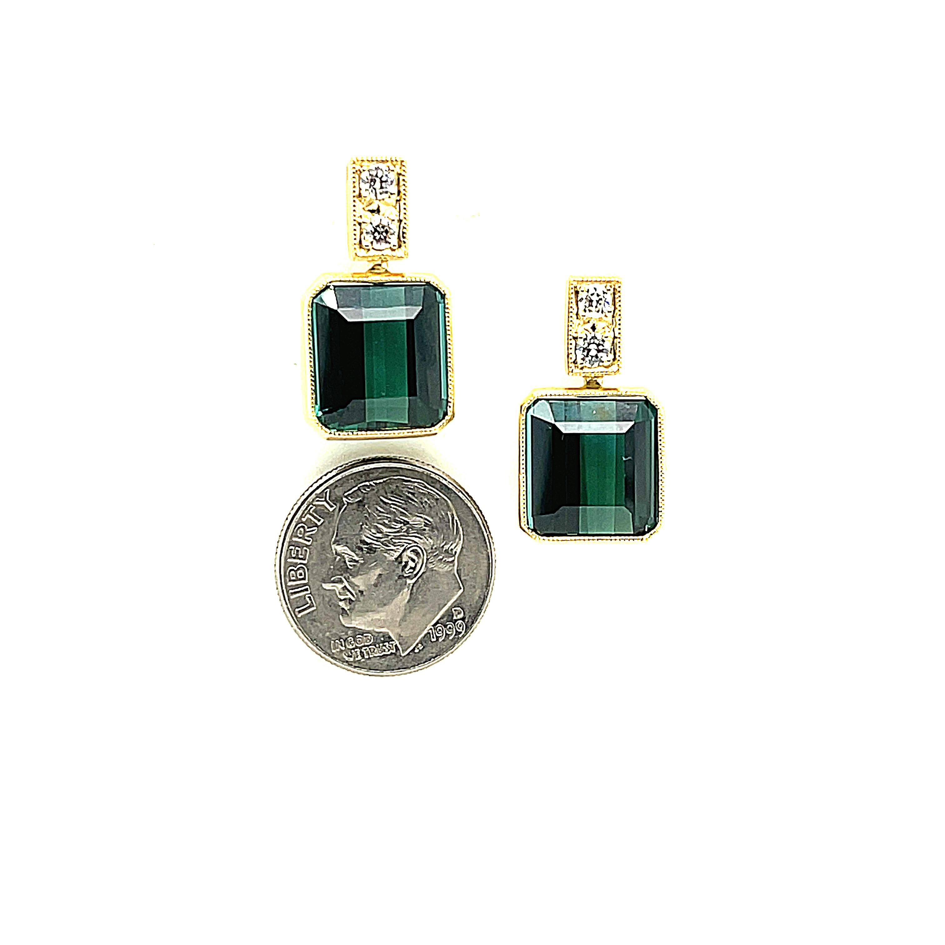 16.22 Carat Emerald Cut Green Tourmaline Diamond Pave Dangle Post Earrings  1