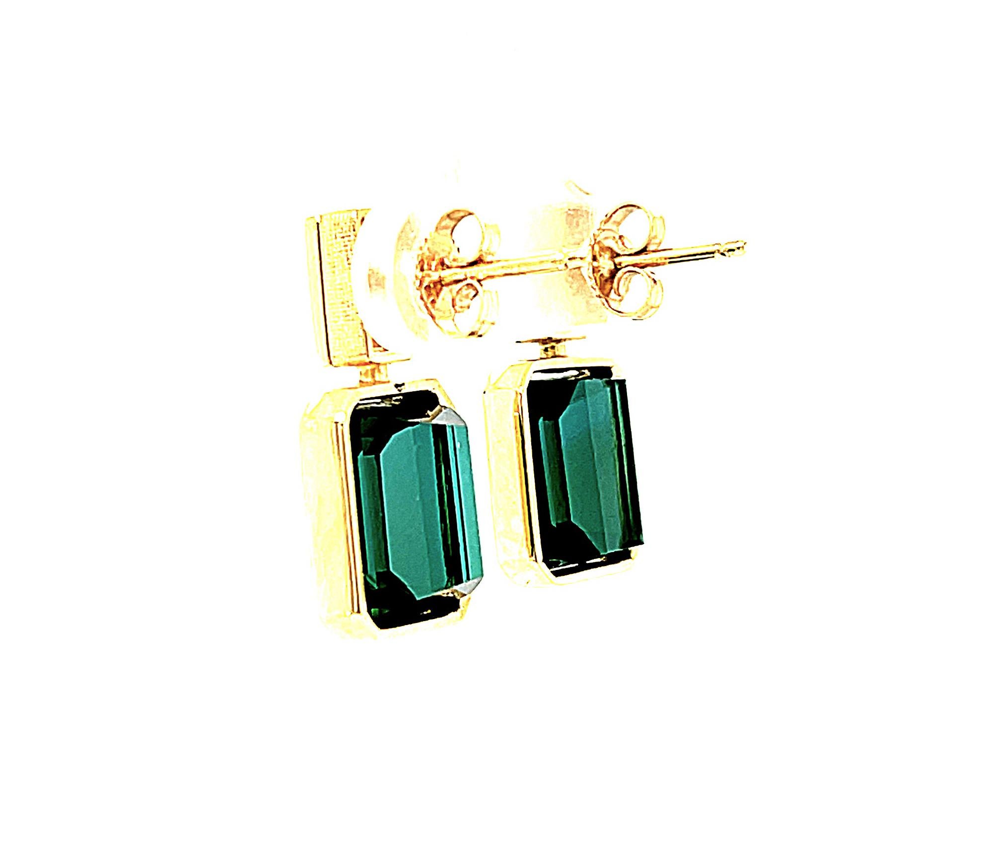 16.22 Carat Emerald Cut Green Tourmaline Diamond Pave Dangle Post Earrings  2