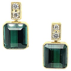 16.22 Carat Emerald Cut Green Tourmaline Diamond Pave Dangle Post Earrings 