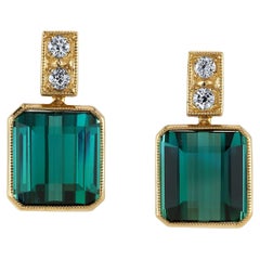 16.22 Carat Emerald Cut Green Tourmaline Diamond Pave Dangle Post Earrings