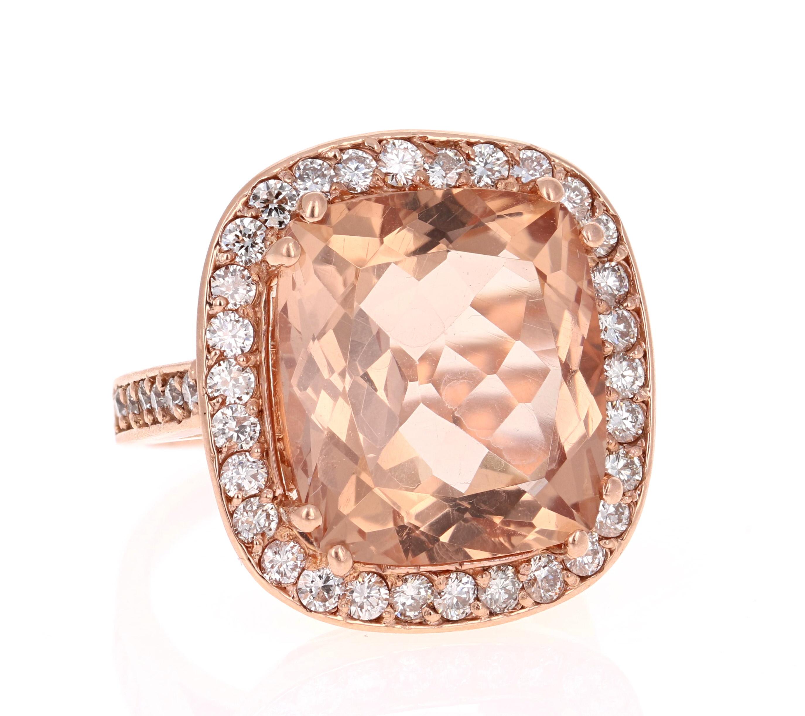 Statement Morganite Diamond Ring! 

This Morganite ring has a 14.69 Carat Cushion Cut Morganite and is surrounded by 42 Round Cut Diamonds that weigh 1.53 Carats. The total carat weight of the ring is 16.22 Carats.  

It is set in 14 Karat Rose Gold