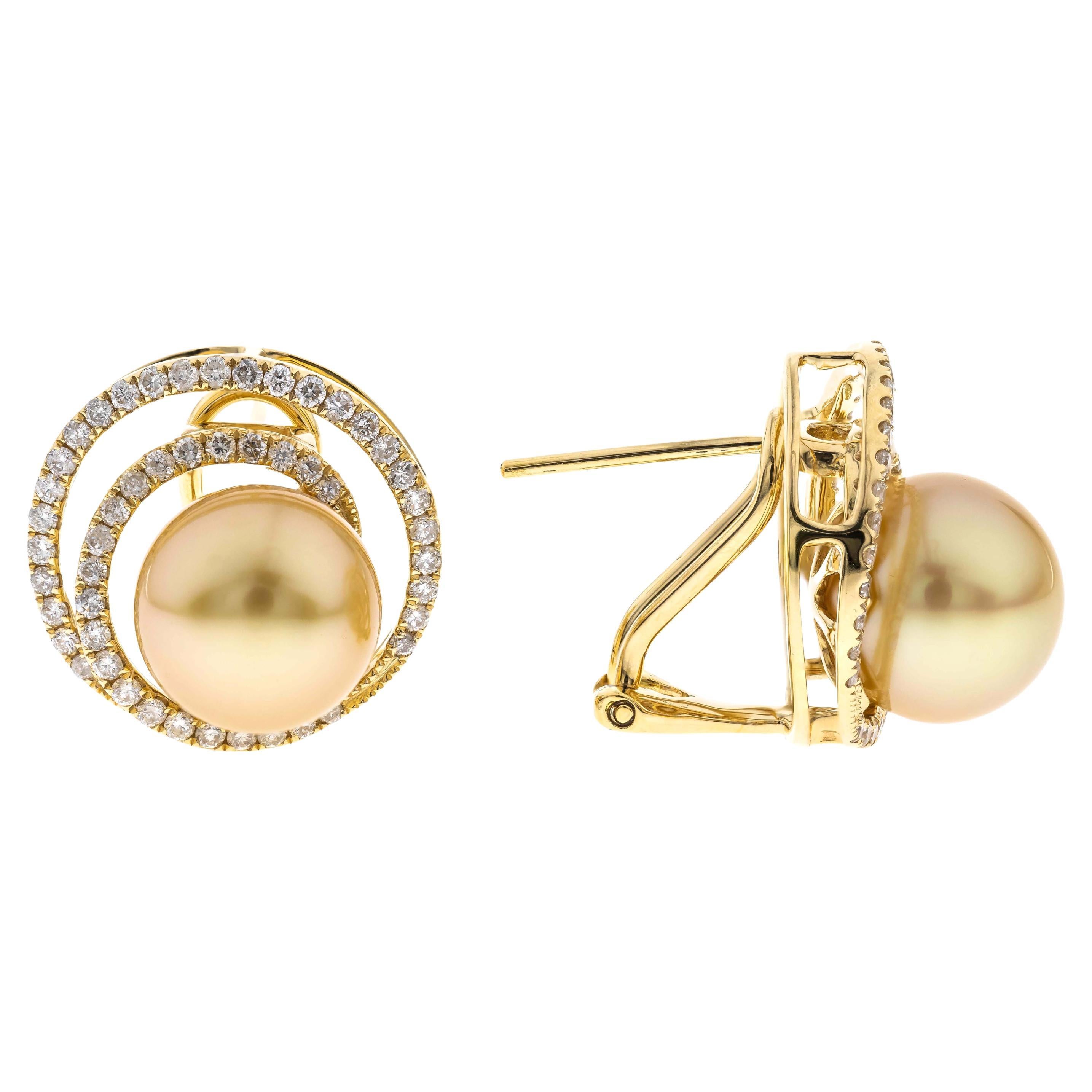 16.22 Carat South sea Pearl Diamond accents 18K Yellow Gold Earring.