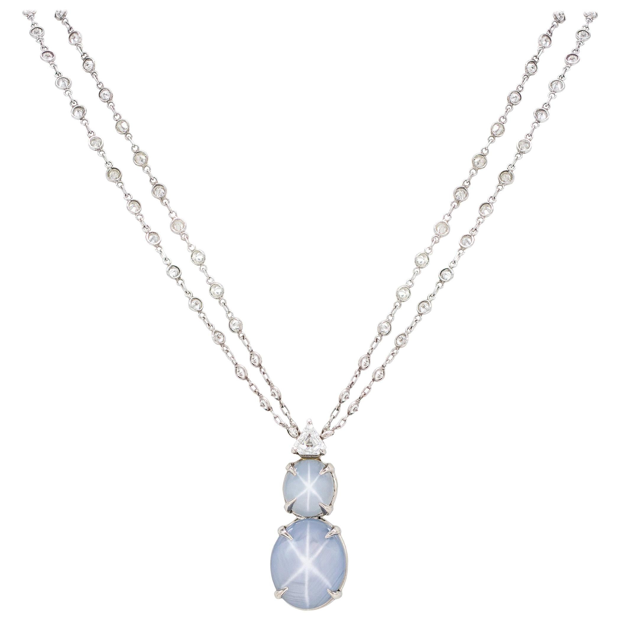 AGL Cert 16.22 Carat NO HEAT Natural Star Sapphire and Diamond Necklace Plat