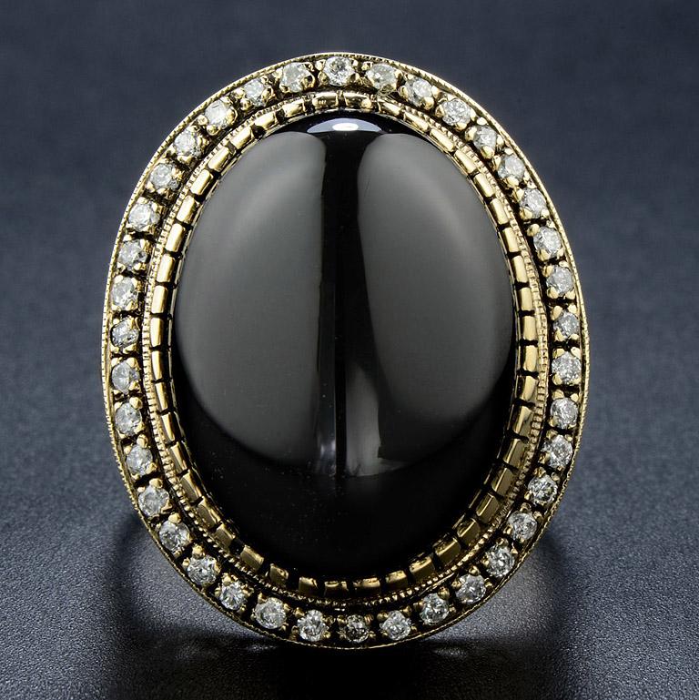 The Unique Antique Style Ring 9k Yellow Gold with 1 pcs. Onyx 16.25 Carat and Round Cut Diamond 38 pcs. 0.38 Carat. This Ring was made in size US#7 1/4
