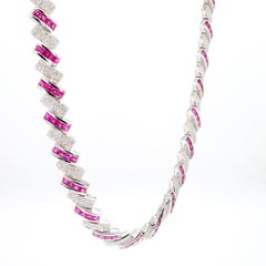 16.25 Carat Ruby & Diamond 18K White Cascade Link Necklace