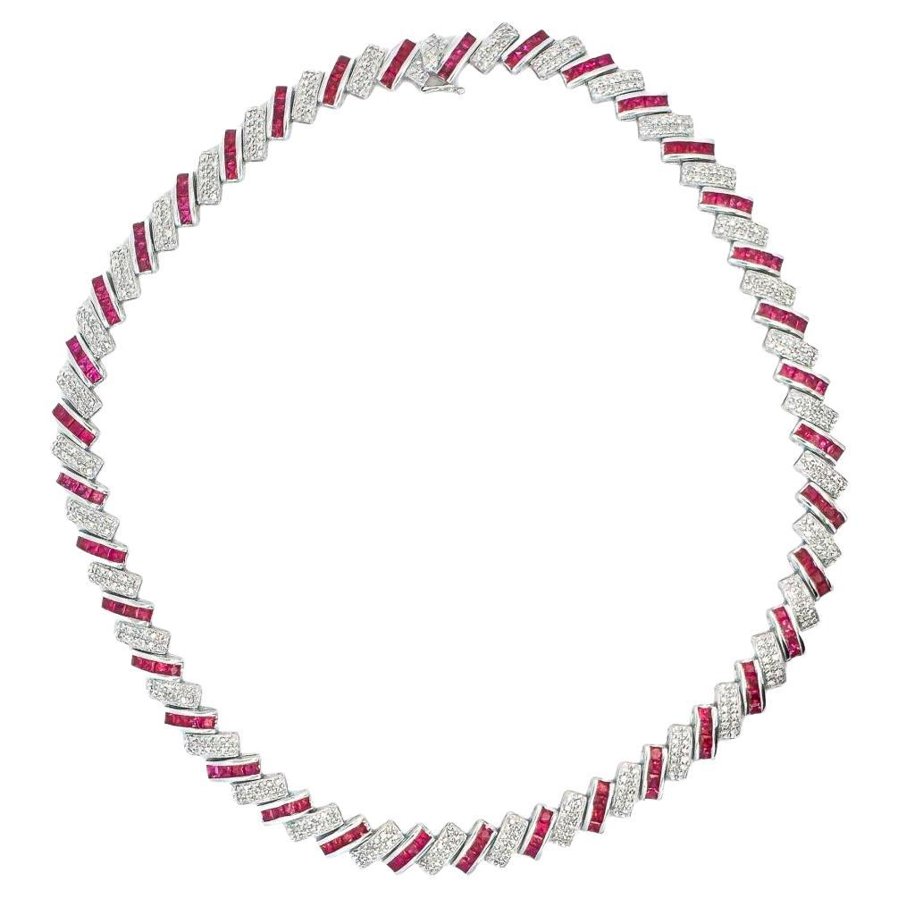 16.25 Carat Ruby 
Diamond 18K White Cascade Link Necklace For Sale