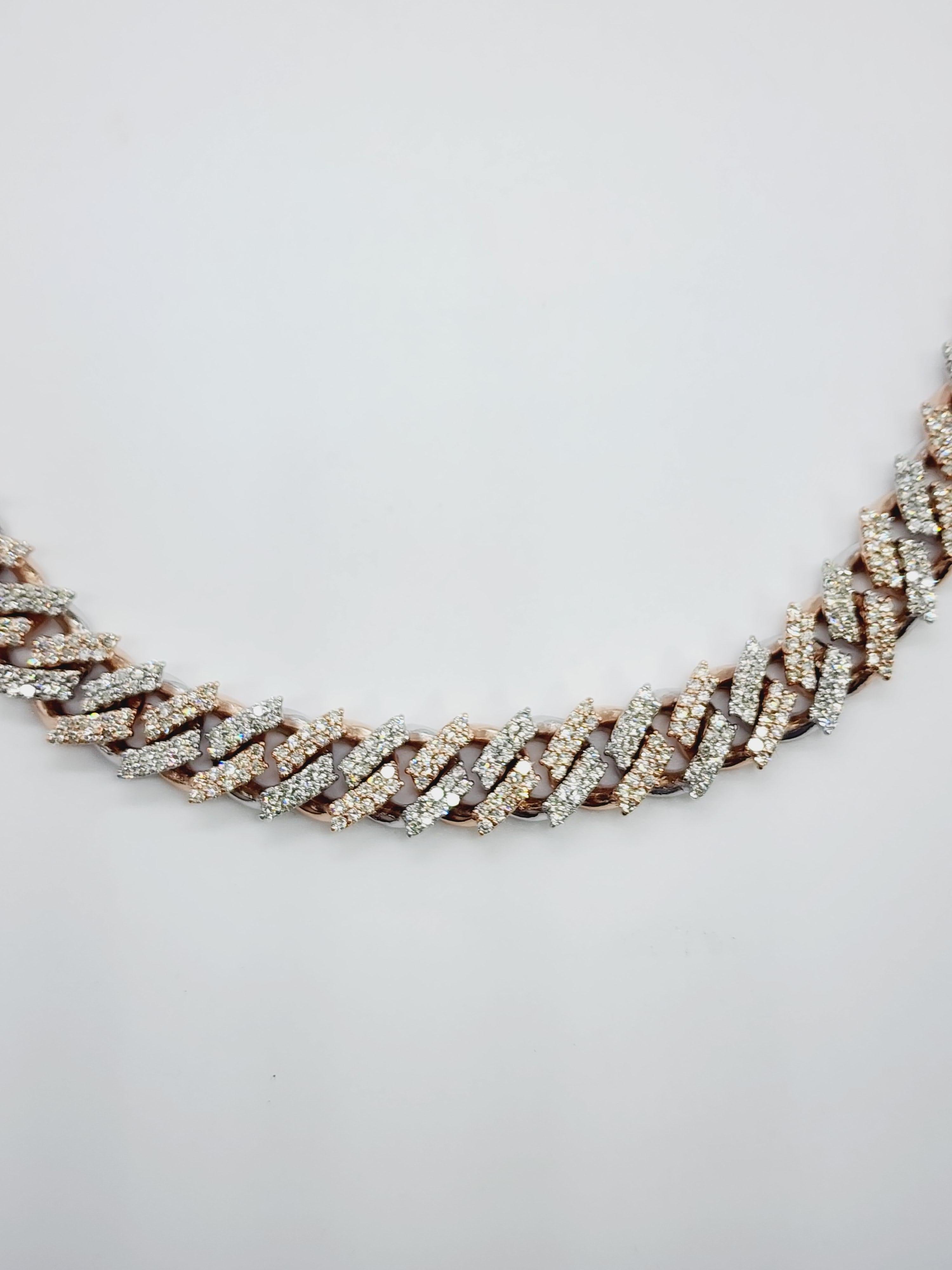 Round Cut 16.25 Carats Diamonds Cuban Two-Tone Necklace Chain 14 Karats Gold 16'' For Sale