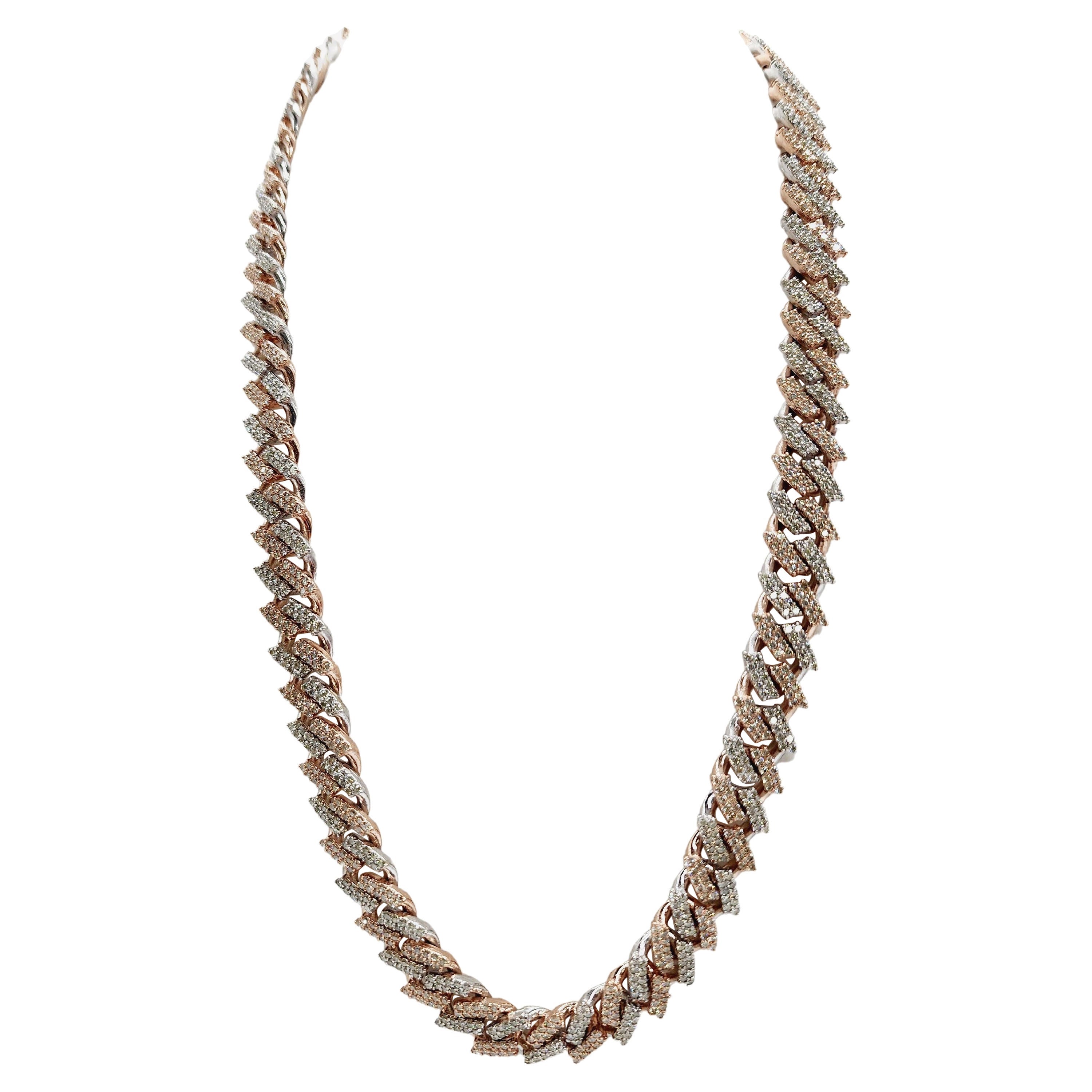 16.25 Carats Diamonds Cuban Two-Tone Necklace Chain 14 Karats Gold 16'' (Collier cubain à deux tons)