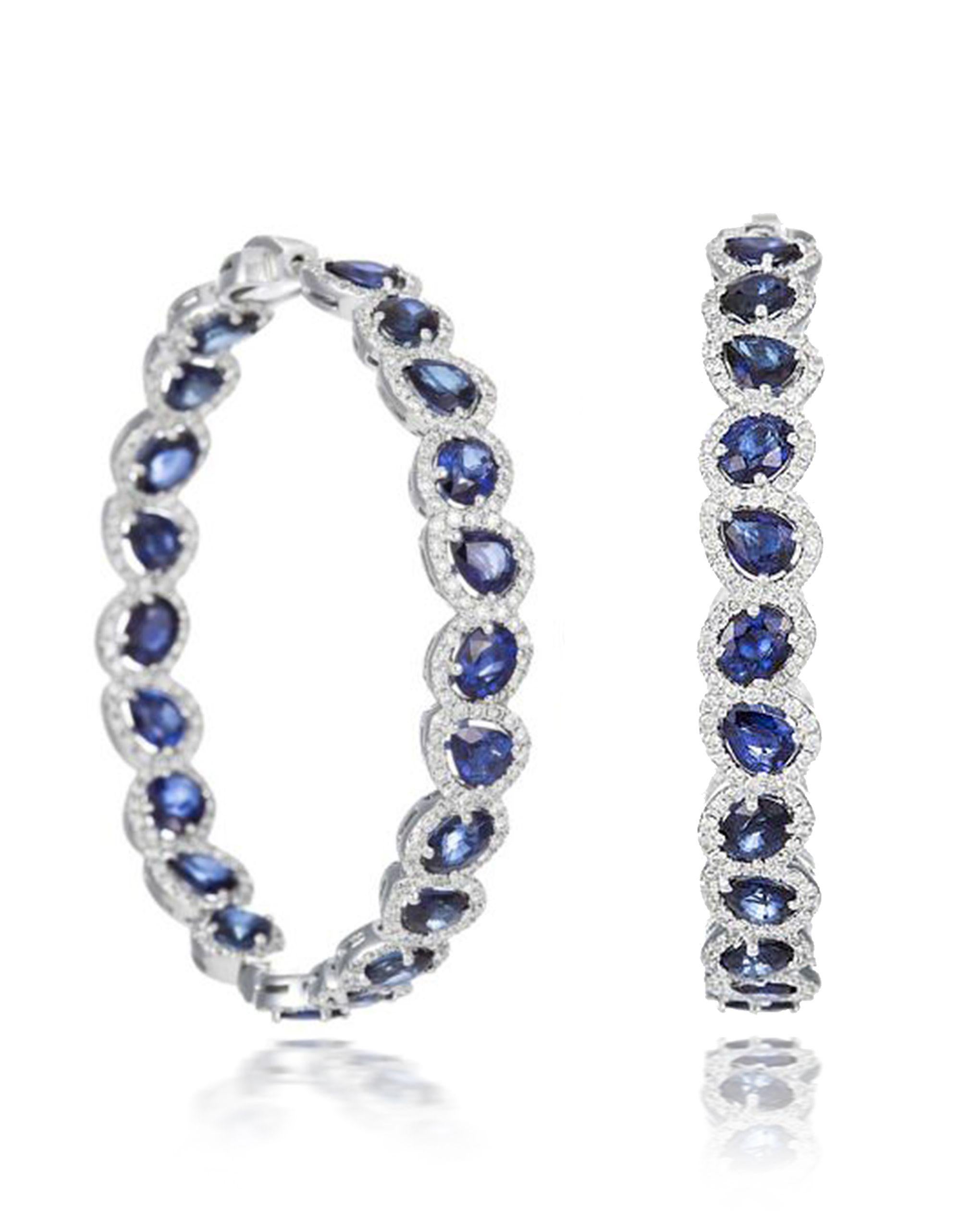 Custom designed Natural  Gemstone diamond hoop earrings consisting of 16.25 cts rose cut blue sapphires and enhanced by 3.13 cts micropave round cut diamonds.