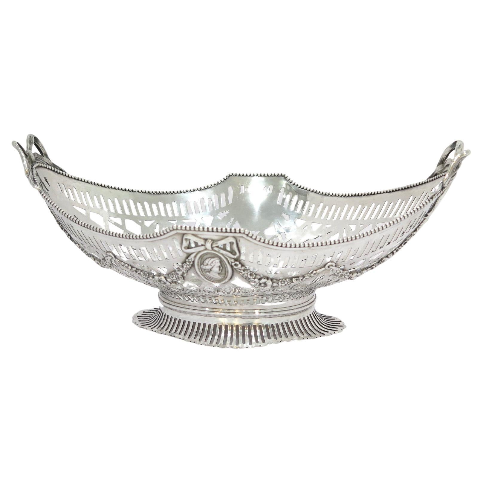 European Silver Antique Dutch Medallion Bow Footed Bowl / Centerpiece For Sale