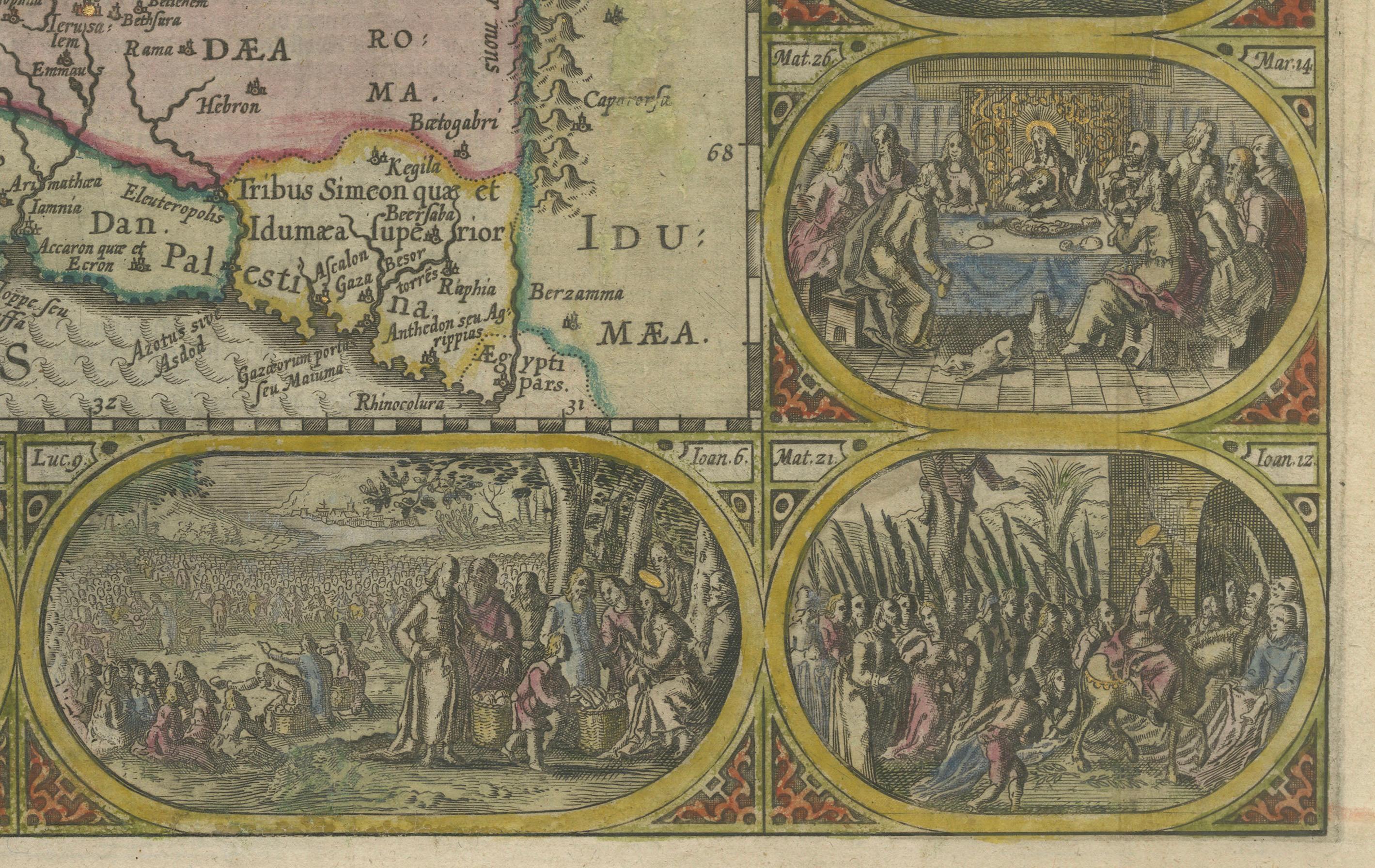 1625 Petrus Plancius / Cloppenburg Mappa della Terra Santa con vignette bibliche In condizioni buone in vendita a Langweer, NL
