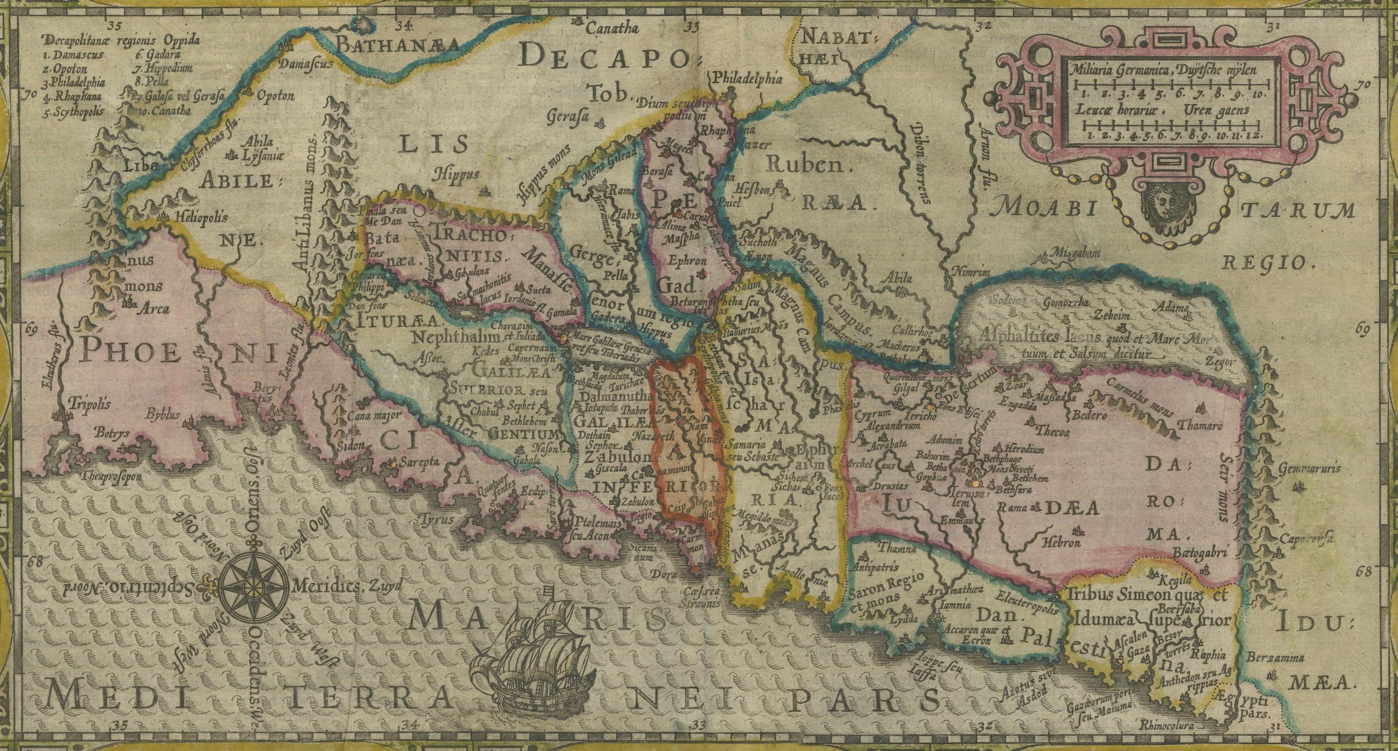 Carta 1625 Petrus Plancius / Cloppenburg Mappa della Terra Santa con vignette bibliche in vendita