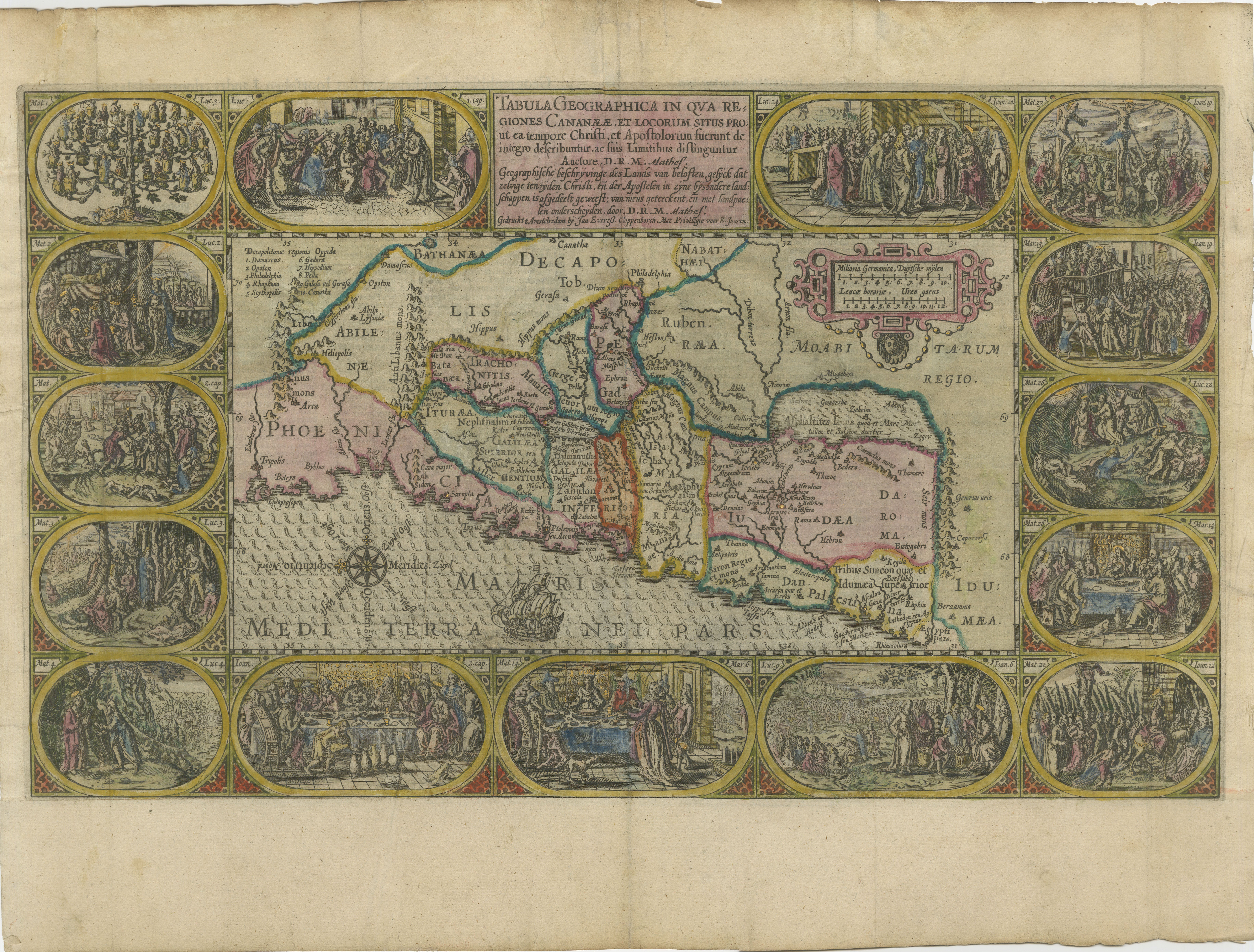 1625 Petrus Plancius / Cloppenburg Map of the Holy Land with Biblical Vignettes