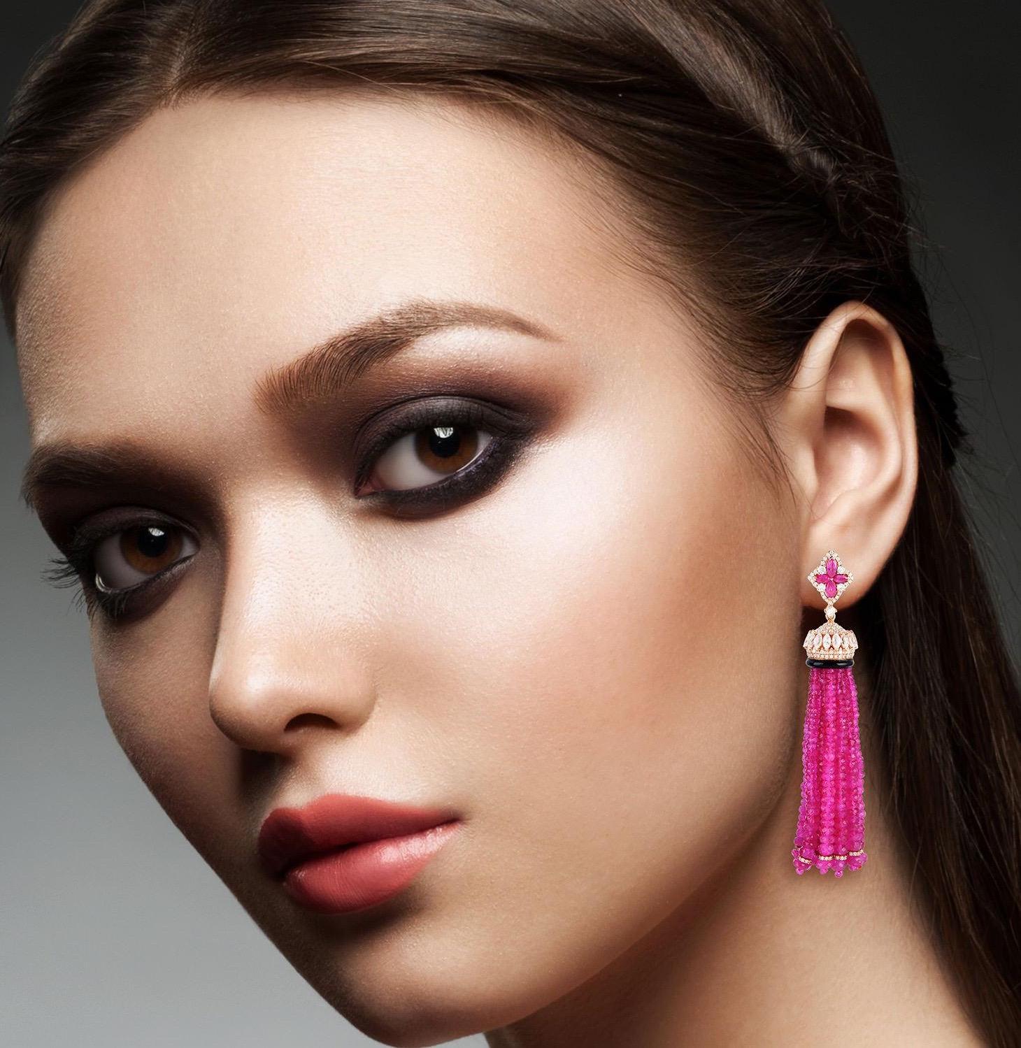 These stunning exceptional tassel earrings is handmade in 18-karat gold.  It is set with 162.57 carats ruby, 2.1 carat black onyx and 2.6 carats of glittering diamonds. 

FOLLOW  MEGHNA JEWELS storefront to view the latest collection & exclusive