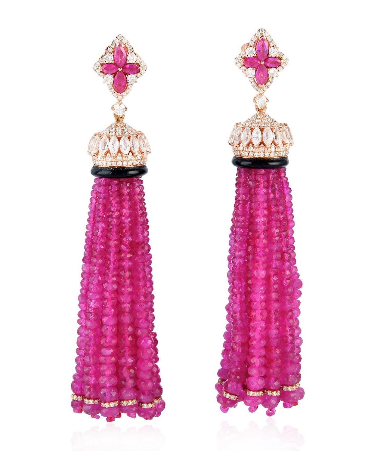 Bead 162.57 Carat Ruby Diamond 18 Karat Gold Chandelier Drop Tassel Earrings For Sale