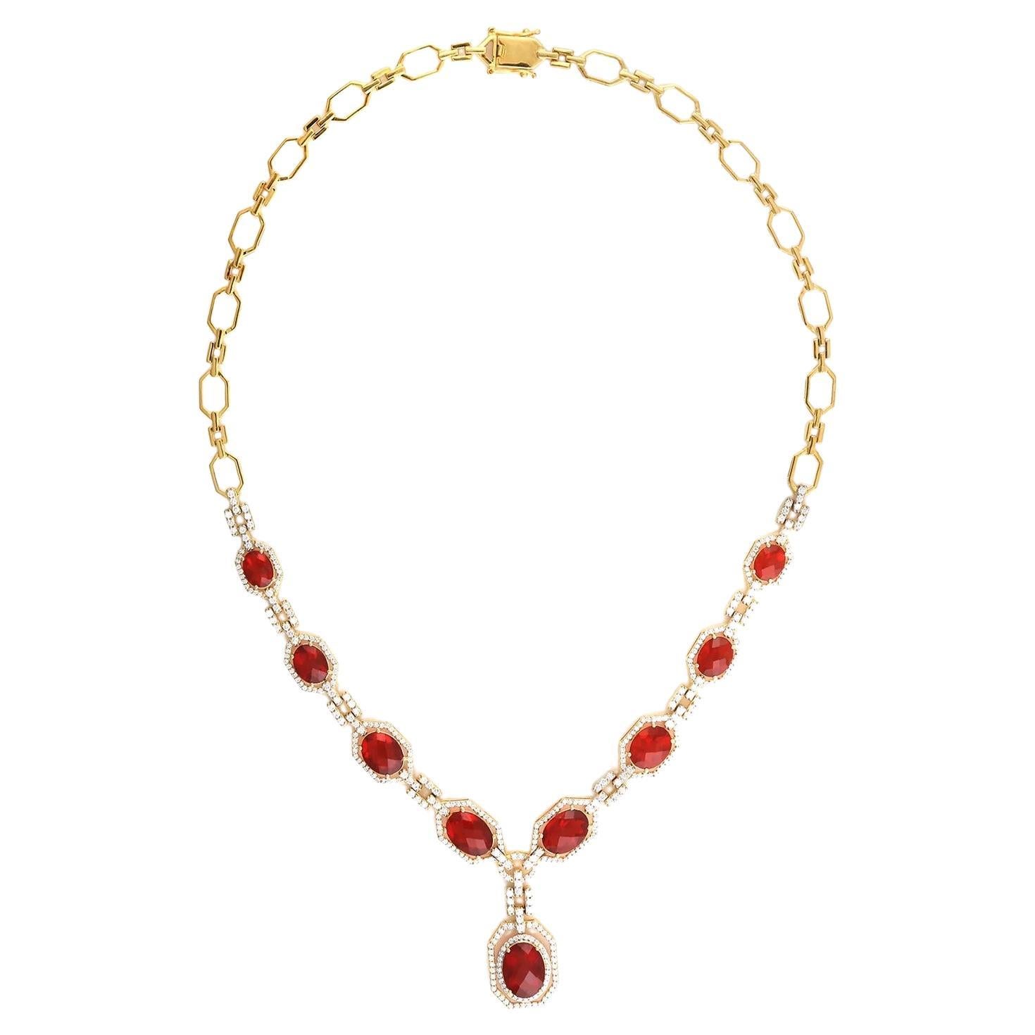 16.26 Carat Fire Opal 18 Karat Gold Diamond Necklace For Sale
