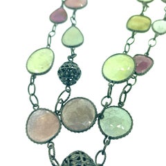 162.60 Carat Multi Sapphire, Diamond Bead Necklace Oxidized Sterling Silver