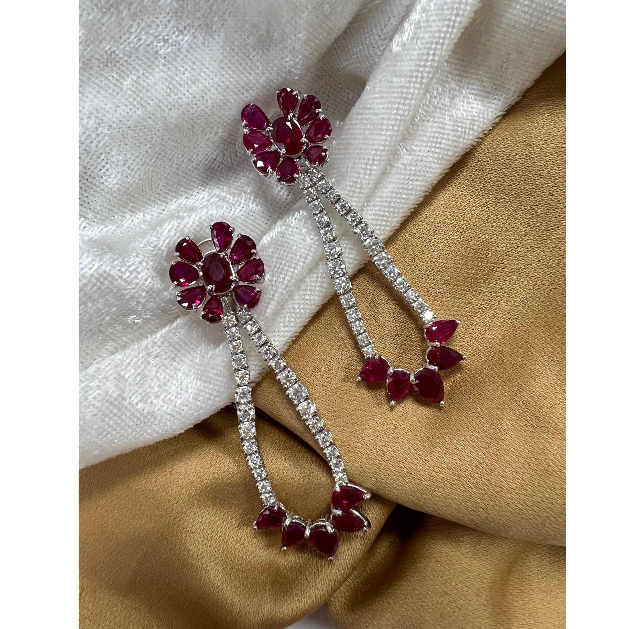 Contemporary 16.27 Carat Ruby Dangle Earrings, 2.63 Carat Diamonds, 18K White Gold, Bridal For Sale