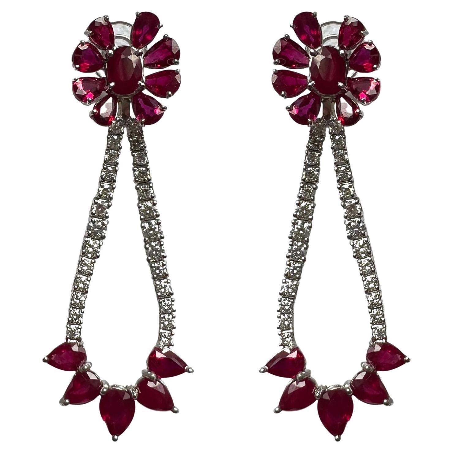 16.27 Carat Ruby Dangle Earrings, 2.63 Carat Diamonds, 18K White Gold, Bridal