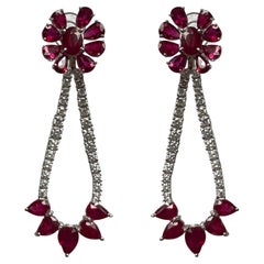 16.27 Carat Ruby Dangle Earrings, 2.63 Carat Diamonds, 18K White Gold, Bridal