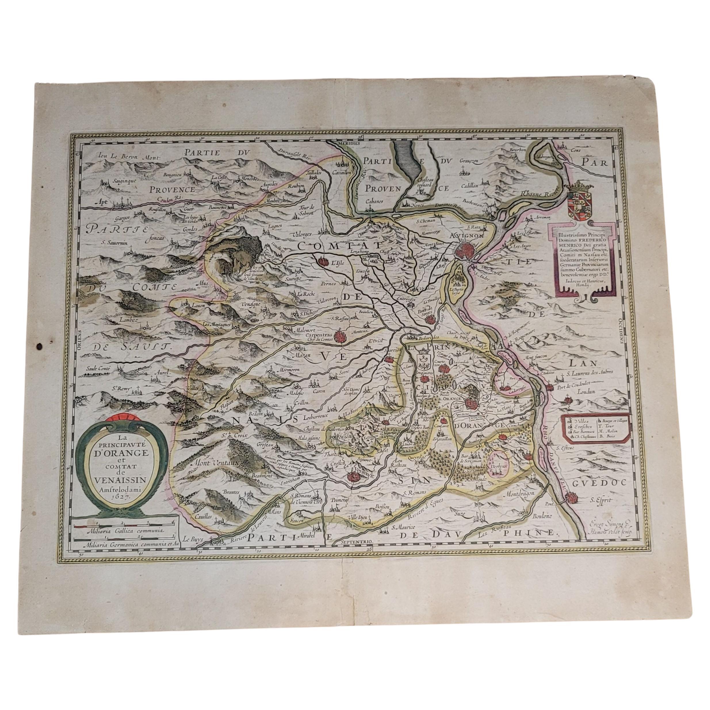 1627 Hondius Map "La Principaute d'Orange et Comtat de Ve", Ric.0003 For Sale