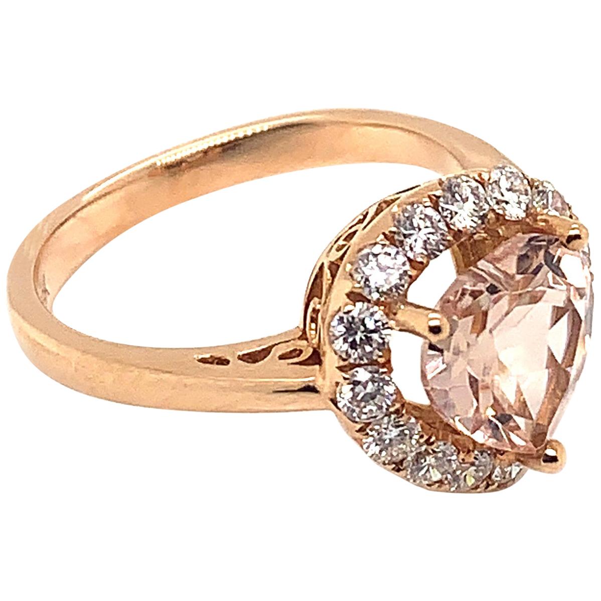 1.629 Carat Heart Shaped Morganite Ring in 18 Karat Rose Gold with Diamonds For Sale