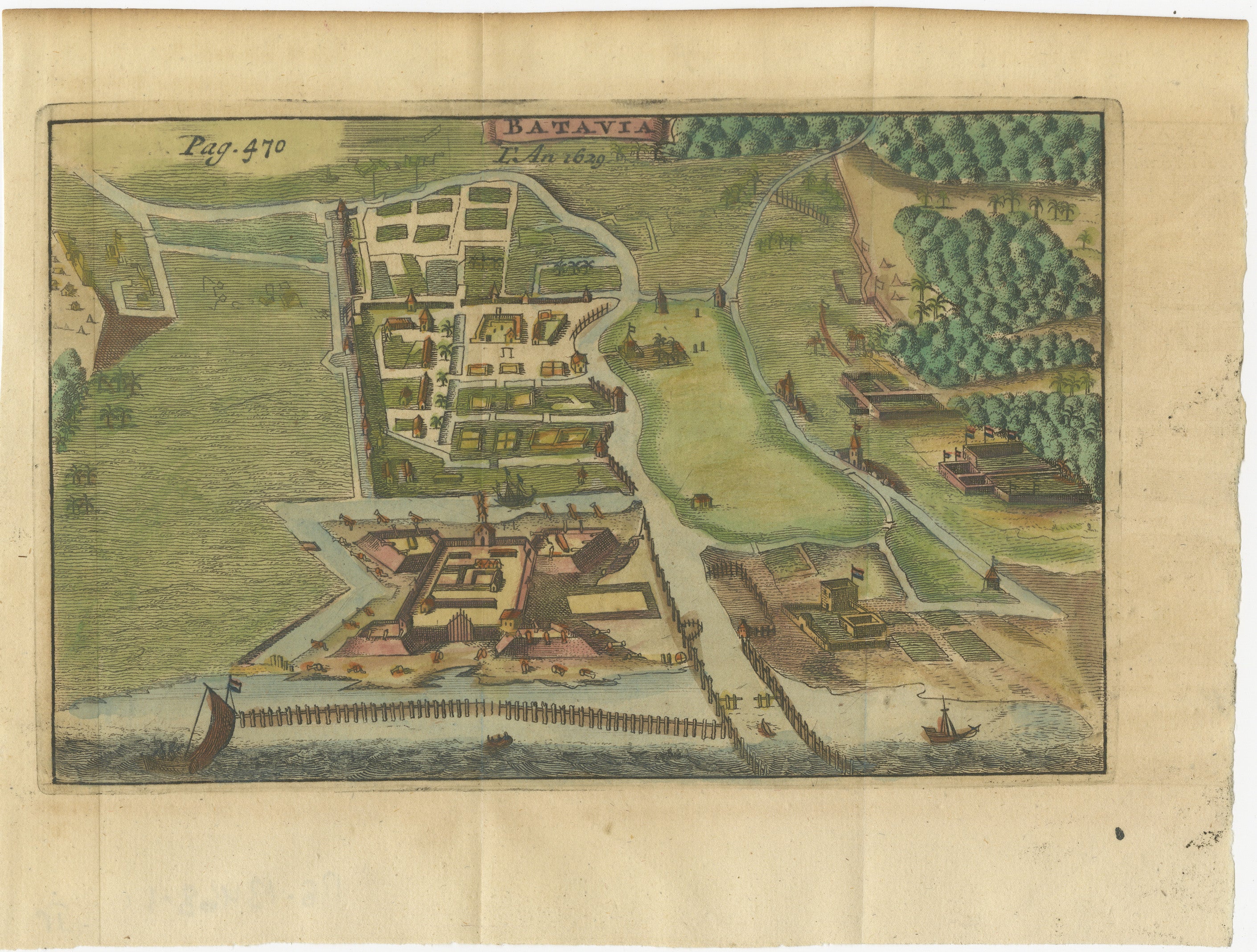 An original490 historic map or bird's-eye view of Batavia (now Jakarta) as it was in the year 1629. Batavia was the name given to the city by the Dutch during their colonization of what is now Indonesia. 

The map is detailed and colored, showing