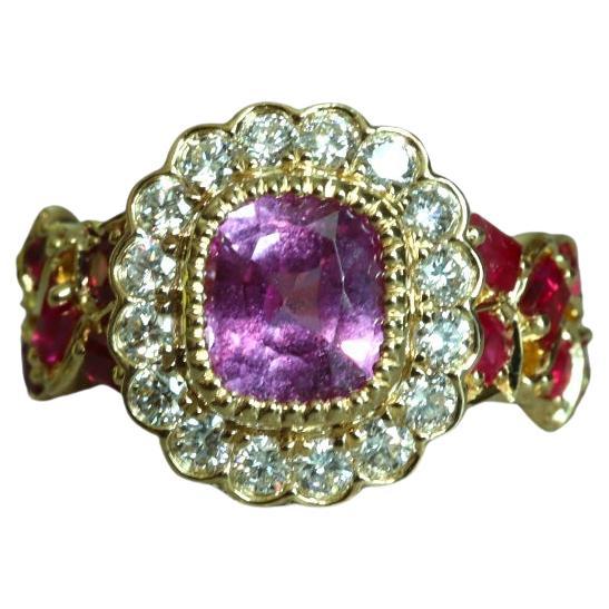 1.62Ct Burma No Heat Pink Sapphire ring With No Heat Burmese Ruby and Diamond For Sale