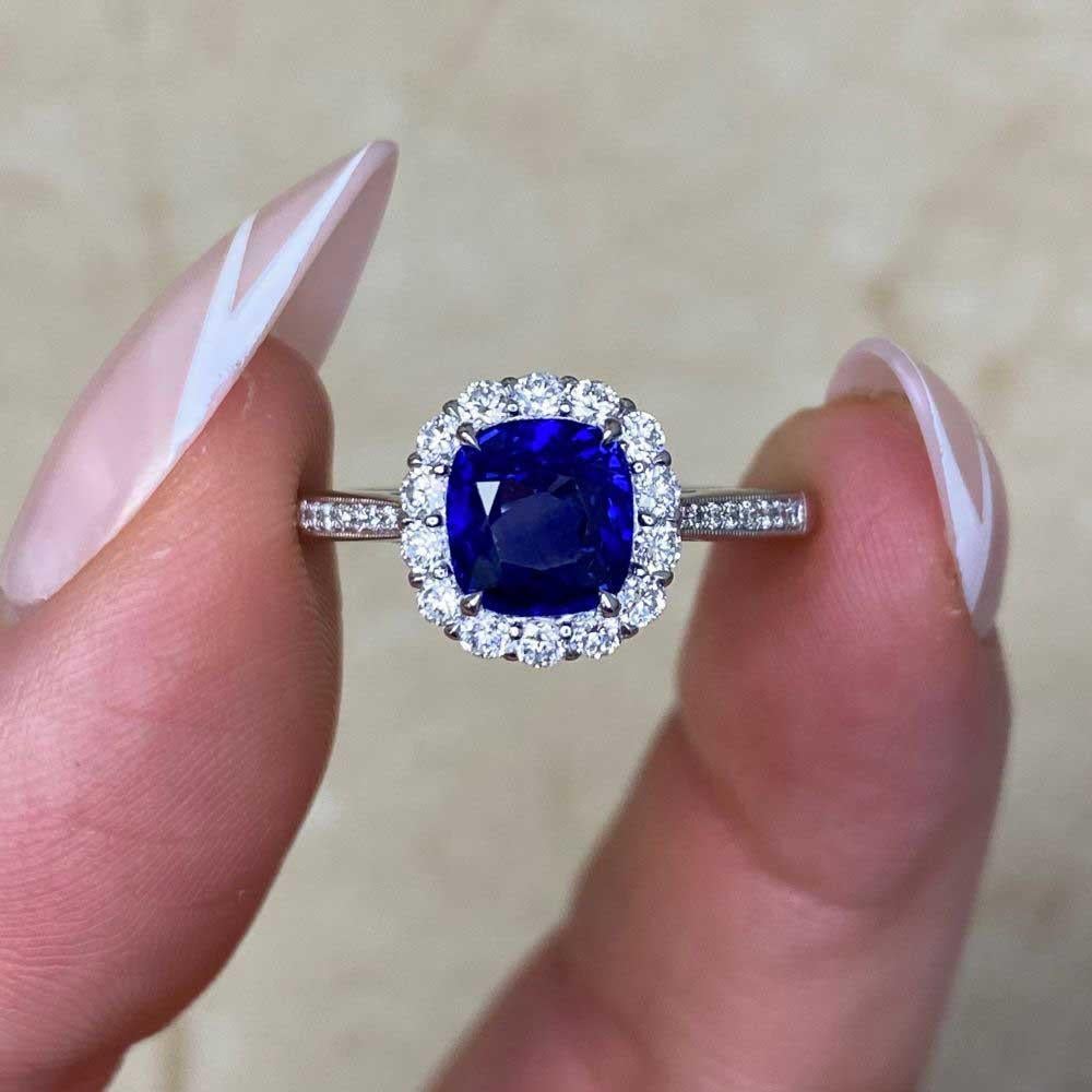 1.62ct Cushion Cut Sapphire Engagement Ring, Diamond Halo, Platinum For Sale 5