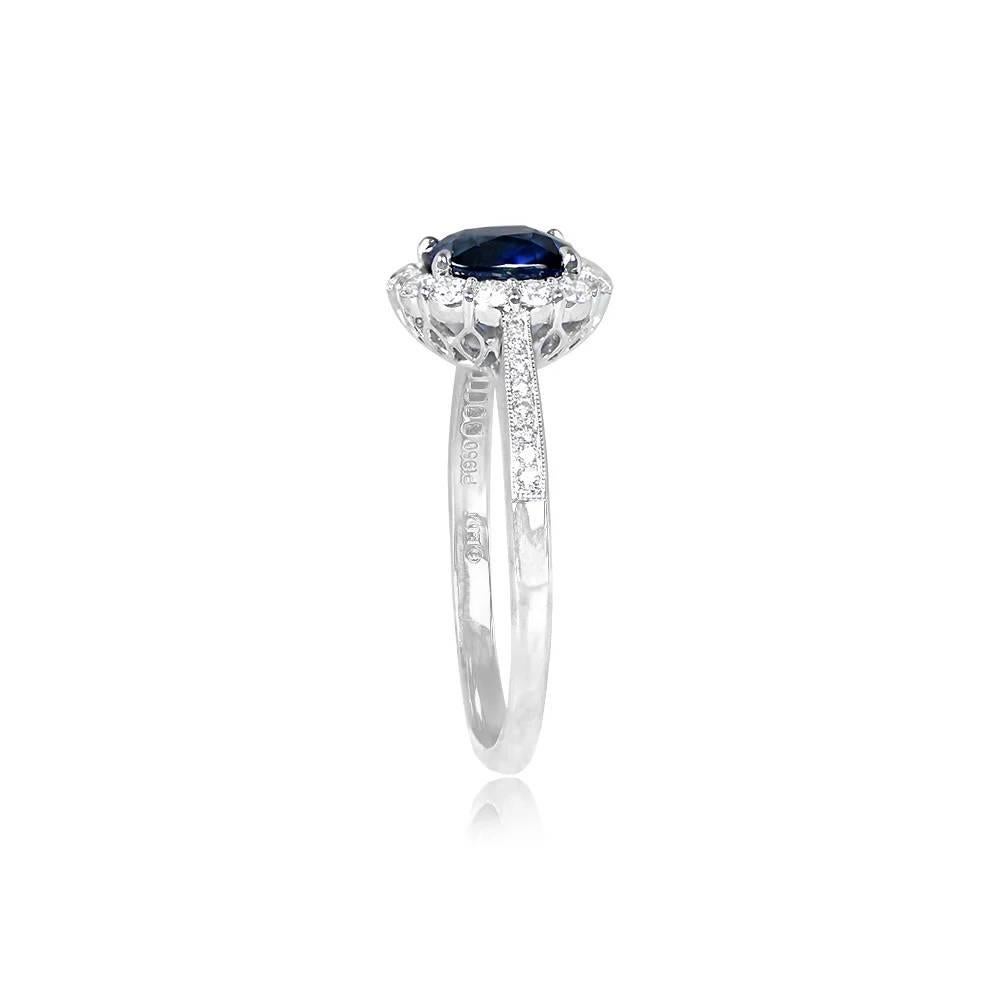 Art Deco 1.62ct Cushion Cut Sapphire Engagement Ring, Diamond Halo, Platinum For Sale