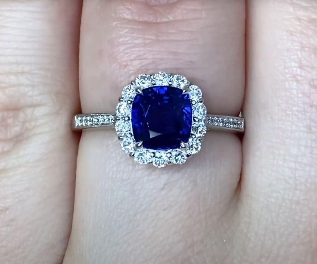 Women's 1.62ct Cushion Cut Sapphire Engagement Ring, Diamond Halo, Platinum For Sale