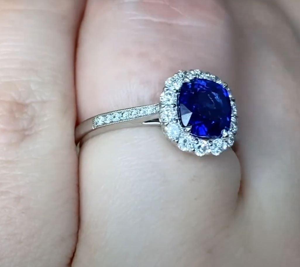 1.62ct Cushion Cut Sapphire Engagement Ring, Diamond Halo, Platinum For Sale 1