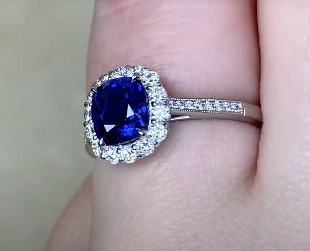 1.62ct Cushion Cut Sapphire Engagement Ring, Diamond Halo, Platinum For Sale 2