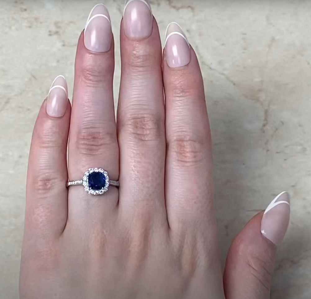 1.62ct Cushion Cut Sapphire Engagement Ring, Diamond Halo, Platinum For Sale 4