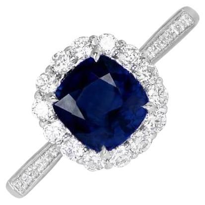 1.62ct Cushion Cut Sapphire Engagement Ring, Diamond Halo, Platinum For Sale