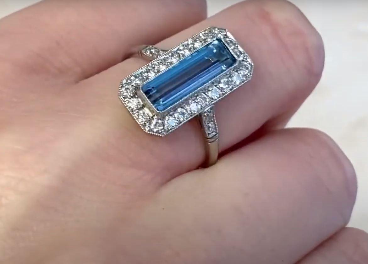 1.62ct Emerald Cut Aquamarine Cocktail Ring, Diamond Halo, Platinum For Sale 1