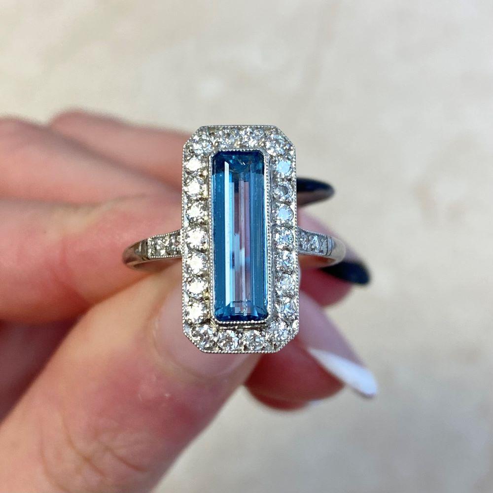 1.62ct Emerald Cut Aquamarine Cocktail Ring, Diamond Halo, Platinum For Sale 4