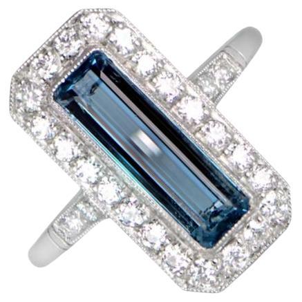 1.62ct Emerald Cut Aquamarine Cocktail Ring, Diamond Halo, Platinum For Sale