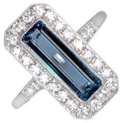 Vintage 1.62ct Emerald Cut Aquamarine Cocktail Ring, Diamond Halo, Platinum