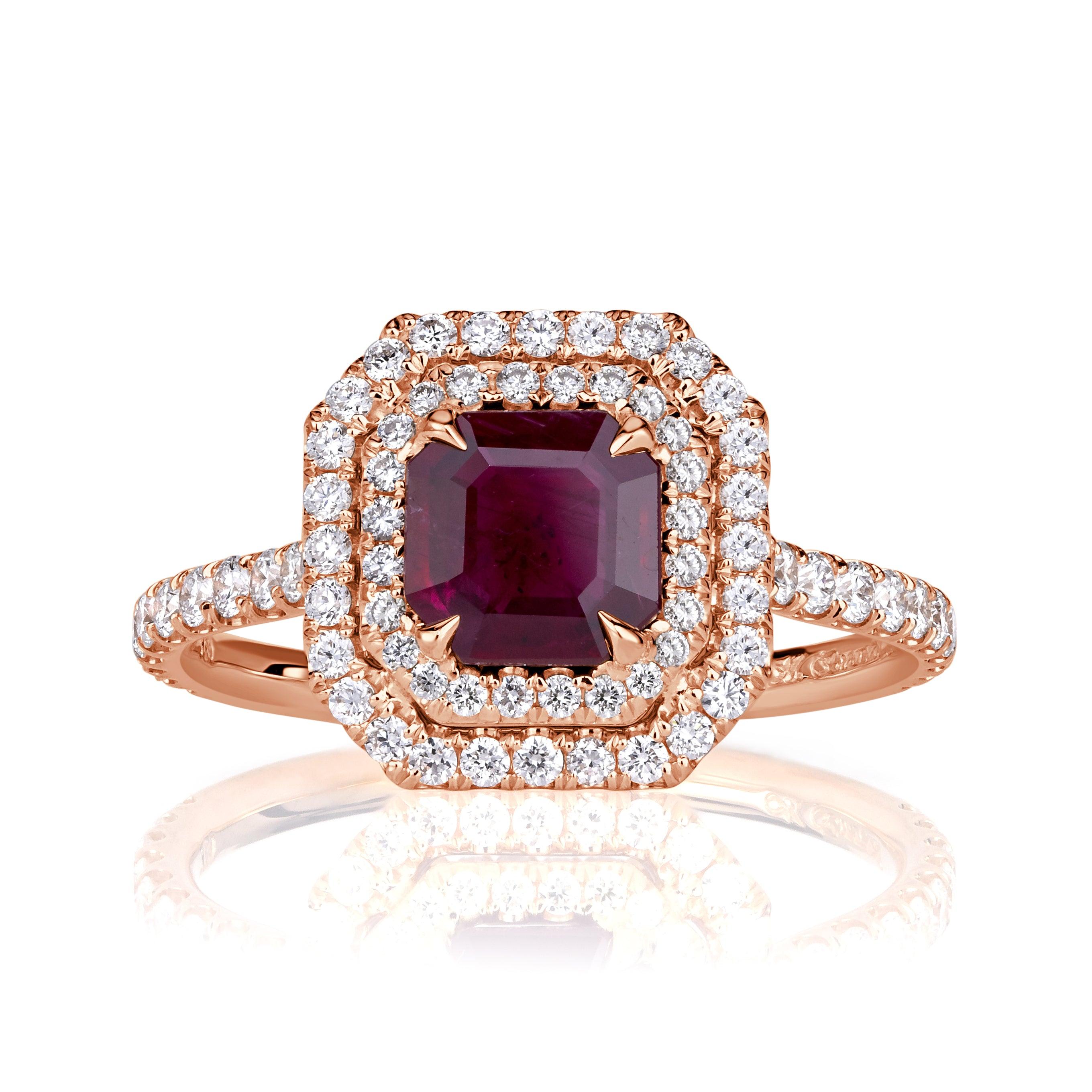 1.62ct Emerald Cut Ruby and Diamond Engagement Ring en venta