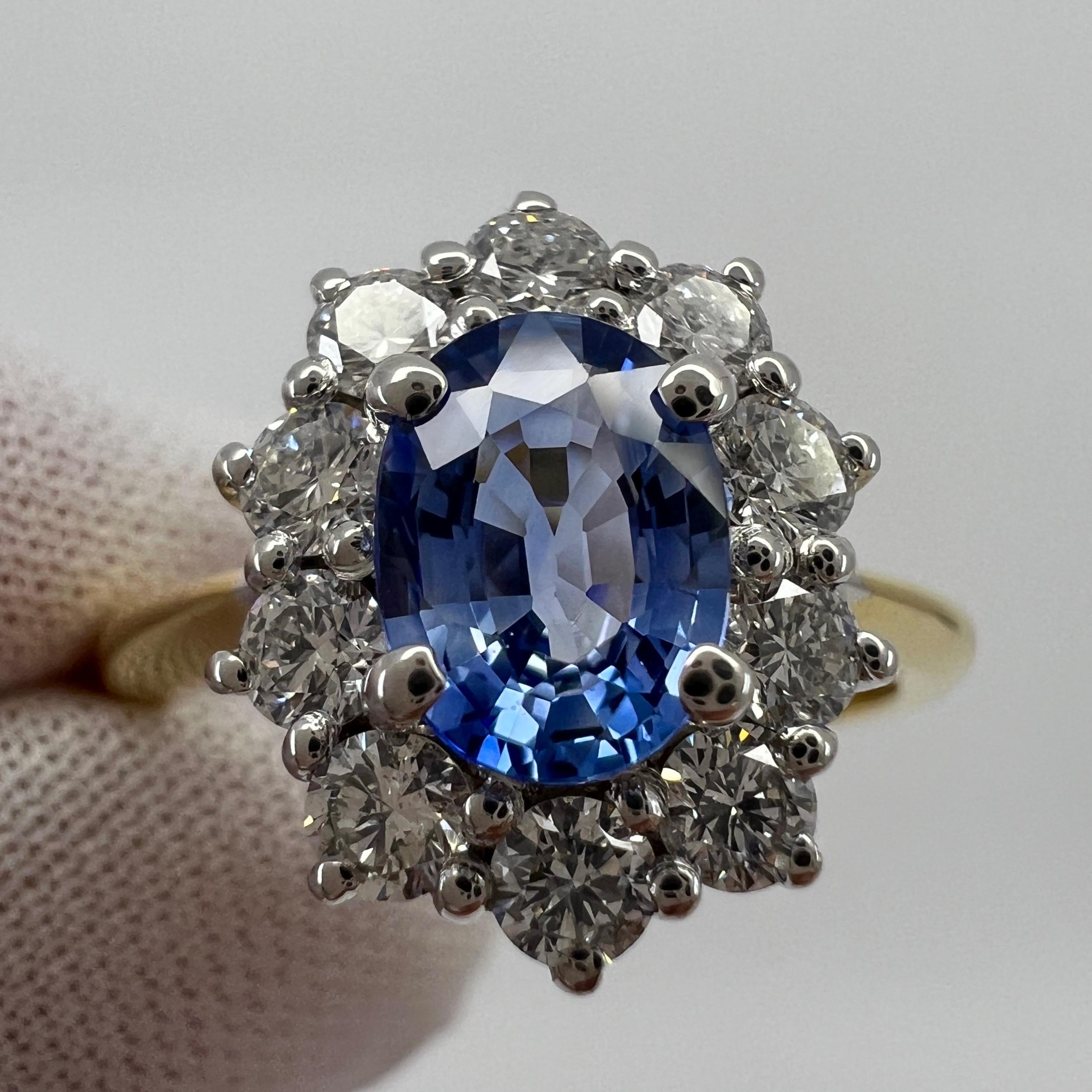 Oval Cut 1.62ct Fine Vivid Blue Ceylon Sapphire & Diamond Cluster Cocktail 18k Gold Ring For Sale