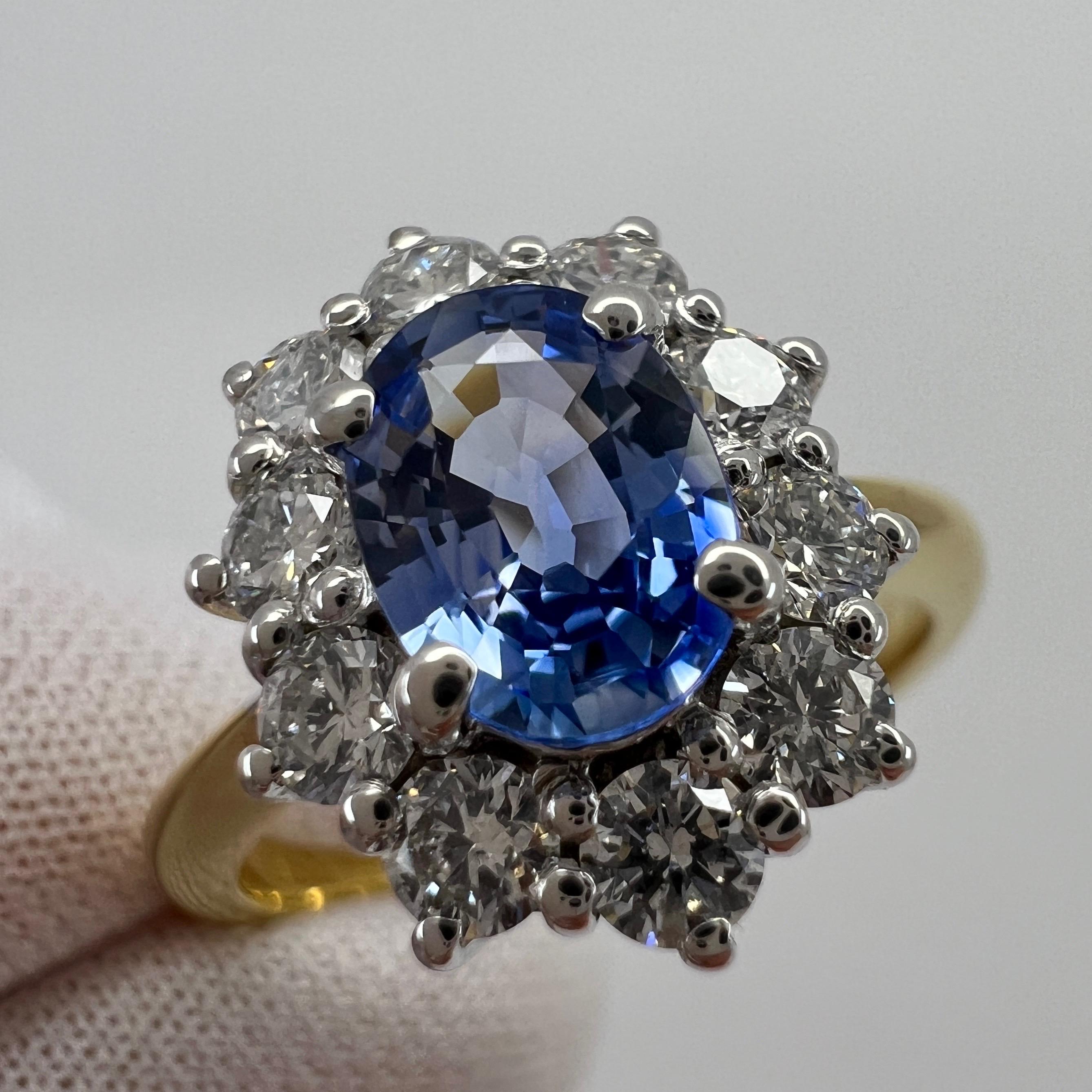 1.62ct Fine Vivid Blue Ceylon Sapphire & Diamond Cluster Cocktail 18k Gold Ring For Sale 1