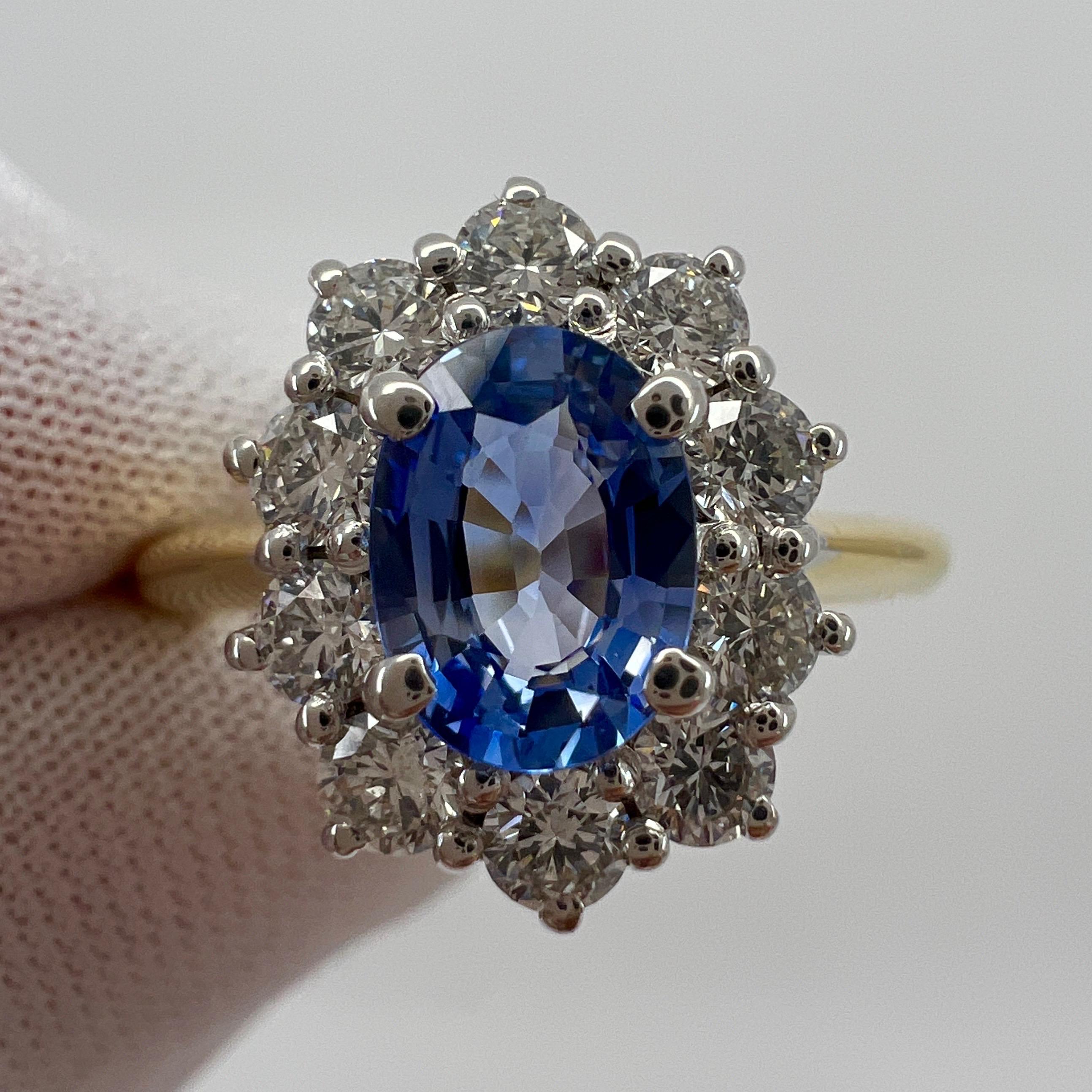 1.62ct Fine Vivid Blue Ceylon Sapphire & Diamond Cluster Cocktail 18k Gold Ring For Sale 2