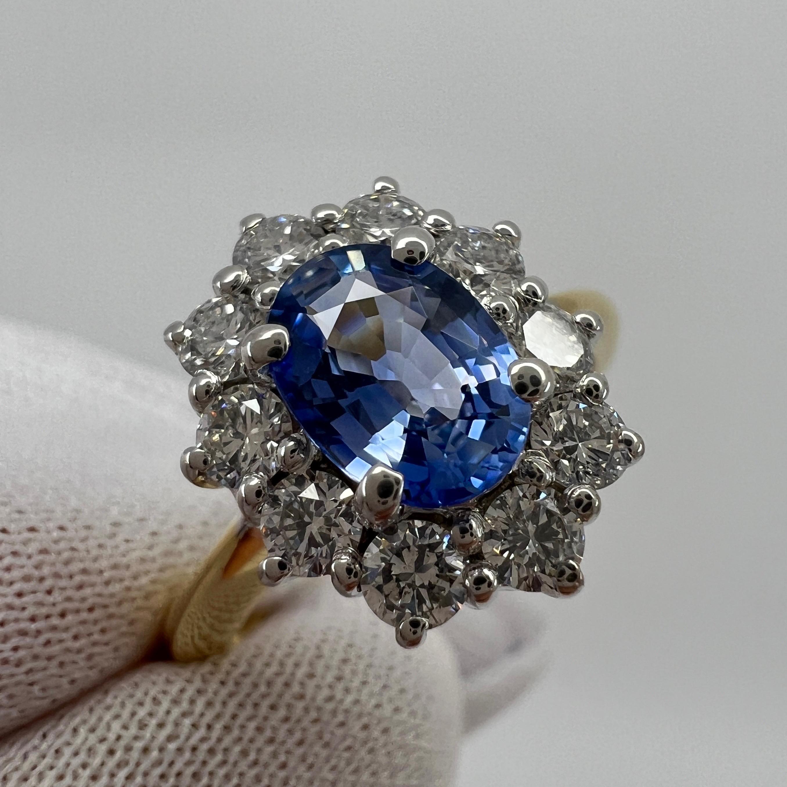 1.62ct Fine Vivid Blue Ceylon Sapphire & Diamond Cluster Cocktail 18k Gold Ring For Sale 4