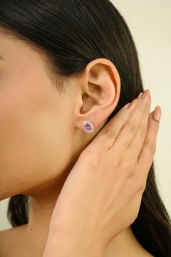 1.62ct Natural Pink Sapphire & Diamond Halo Stud Earrings in 14K White Gold