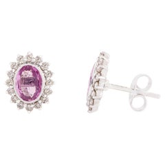 1.62ct Natural Pink Sapphire & Diamond Halo Stud Earrings in 14K White Gold