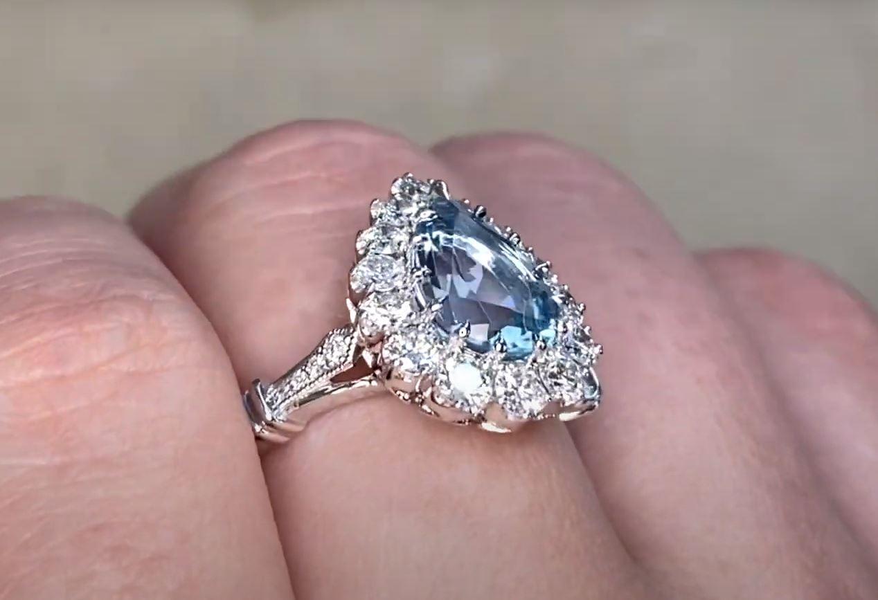 1.62ct Pear-Shaped Aquamarine Cluster Ring, Diamond Halo, Platinum In Excellent Condition In New York, NY