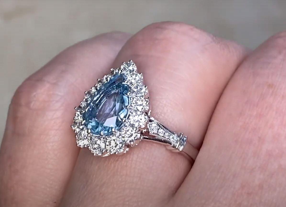 Women's 1.62ct Pear-Shaped Aquamarine Cluster Ring, Diamond Halo, Platinum