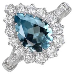 1.62ct Pear-Shaped Aquamarine Cluster Ring, Diamond Halo, Platinum